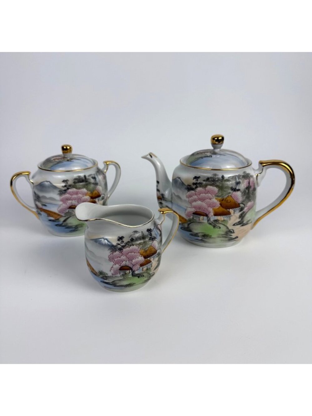 Vintage Kutani Asian Tea Set Teapot Creamer Covered Sugar Bowl Hand Painted Land
